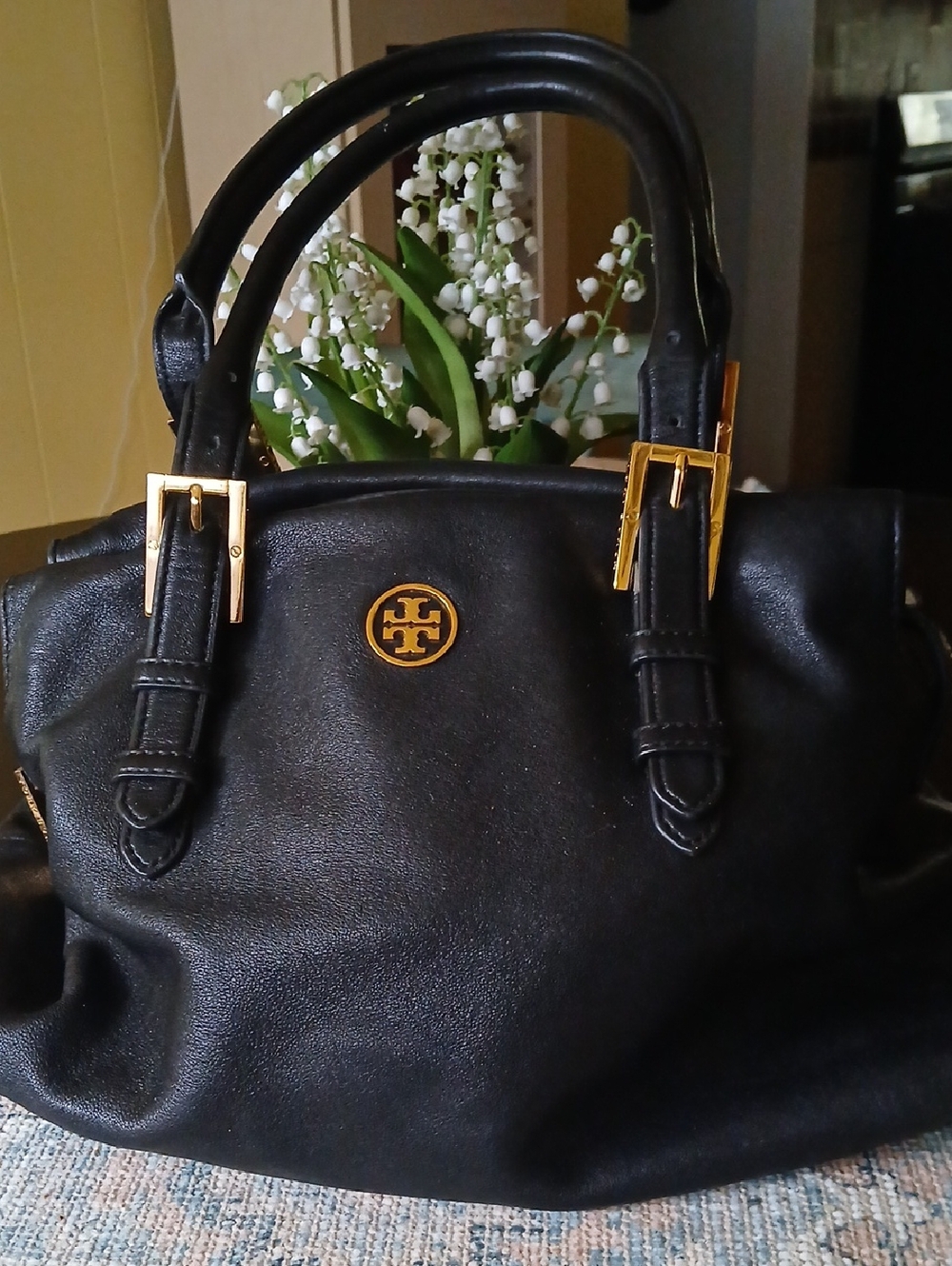 Tory Burch Black Leather Satchel with Gold Accents
